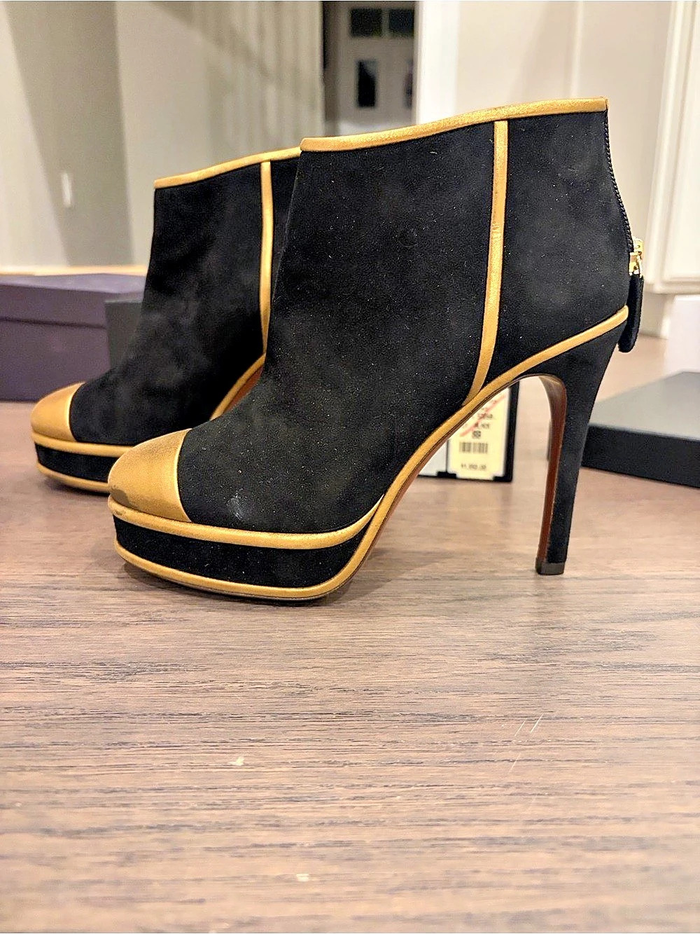 CHANEL Suede Gold Cap-Toe Platform Ankle Boots Black & Gold EU 38